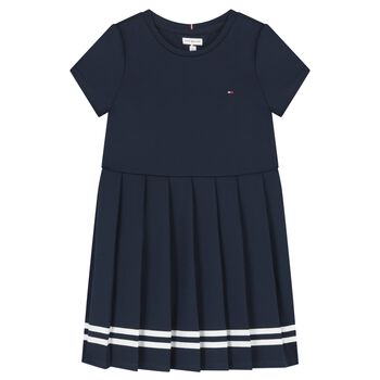Girls Navy Blue Logo Pleated Dress