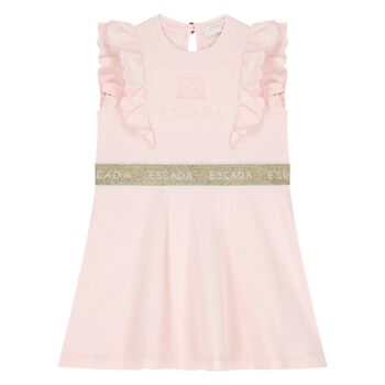Younger Girls Pink & Gold Ruffled Logo Dress