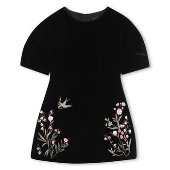 Girls Black Floral Velvet Dress