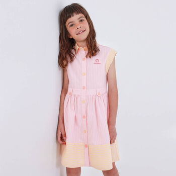 Girls Pink Logo Striped Dress