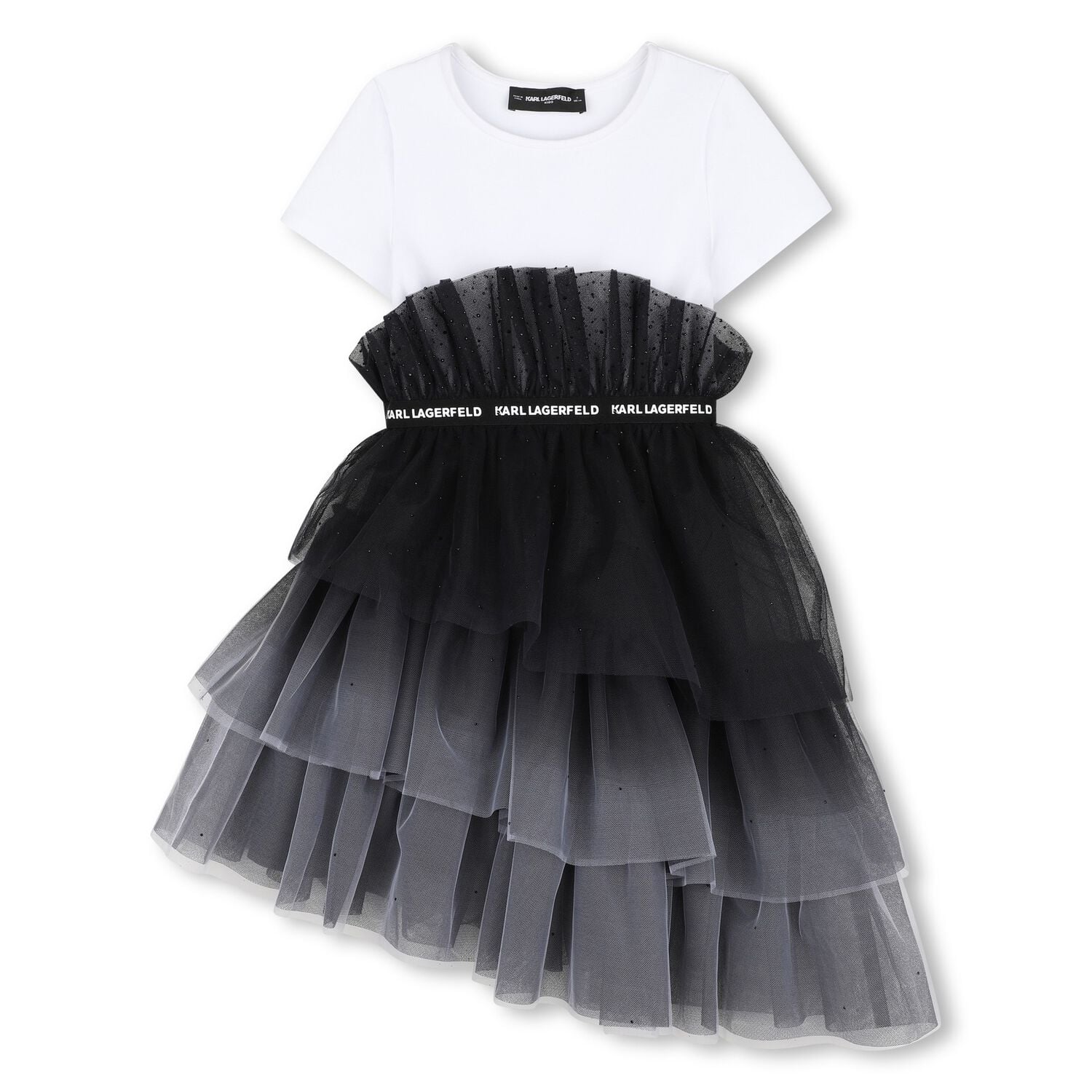 Girls White & Black Tulle T-Shirt Dress, 1, hi-res