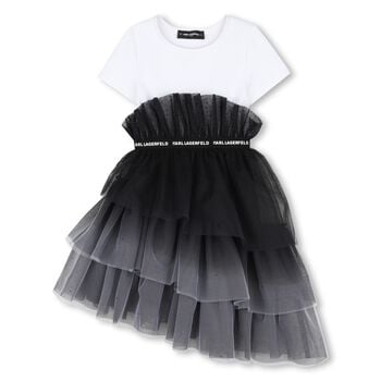 Girls White & Black Tulle T-Shirt Dress