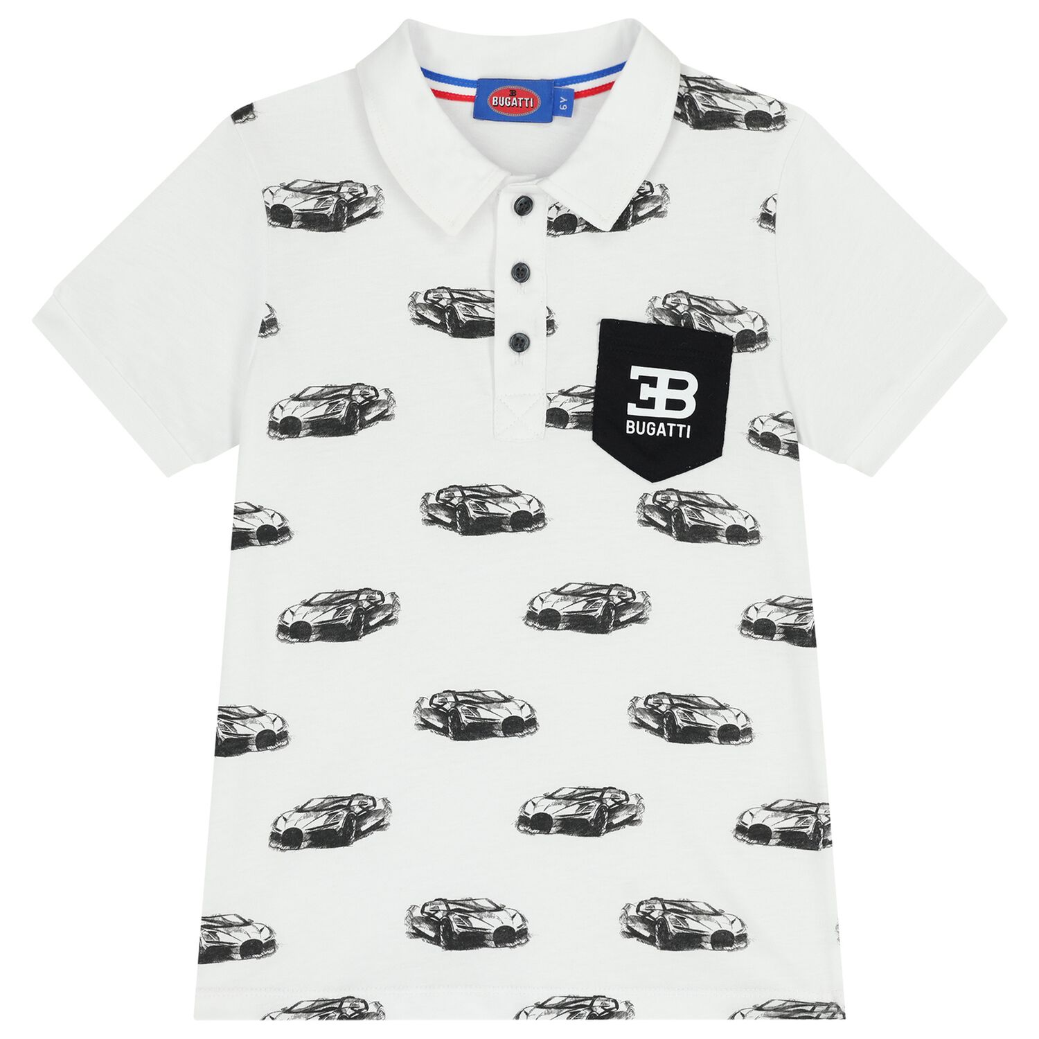 Boys White Sports Car Logo Polo Shirt, 1, hi-res