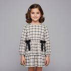 Girls Ivory & Black Bow Checkered Dress, 1, hi-res