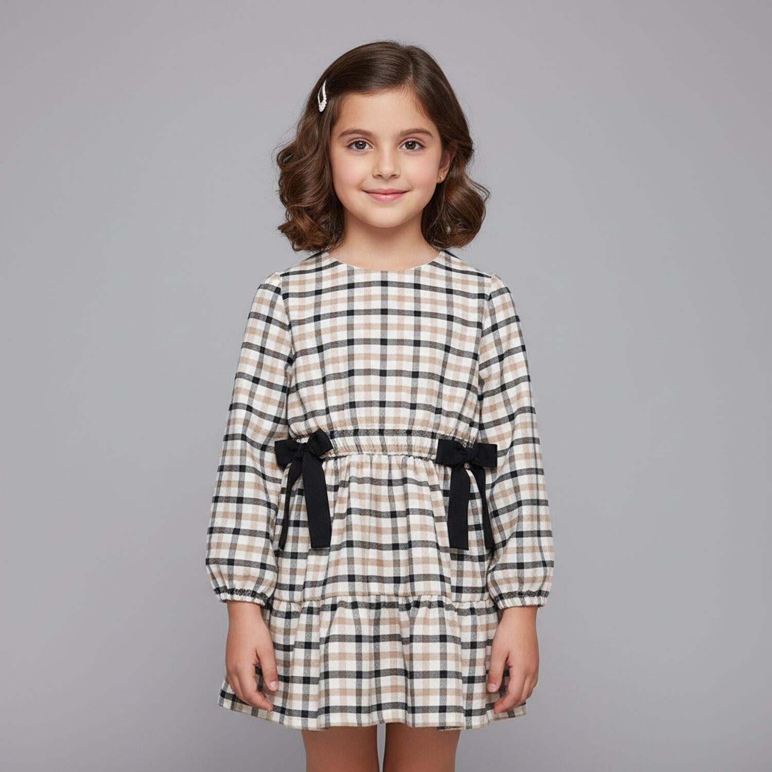 Girls Ivory & Black Bow Checkered Dress, 1, hi-res image number null