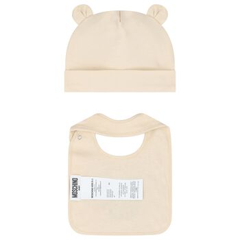 Beige Teddy Bear Logo Hat & Bib Baby Gift Set