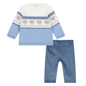 Younger Boys Blue & Ivory Teddy Bear Trouser Set