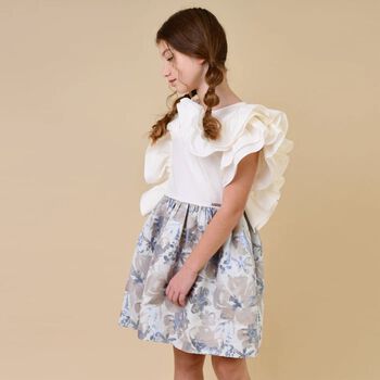 Girls White & Blue Floral Ruffle Dress