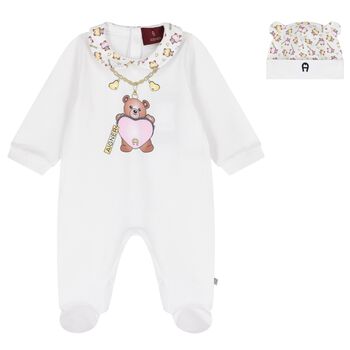 Baby Girls White Teddy Bear Logo Babygrow & Hat Gift Set