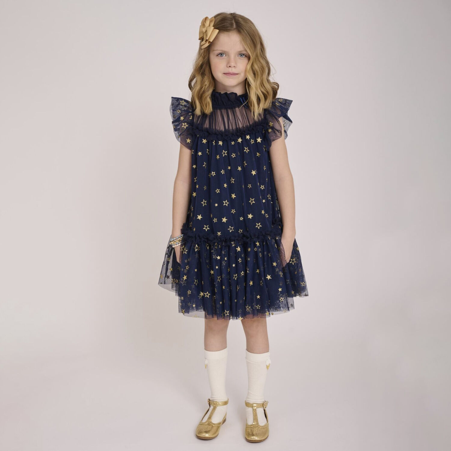 فستان بنات تول باللون الكحلي, 2, hi-res