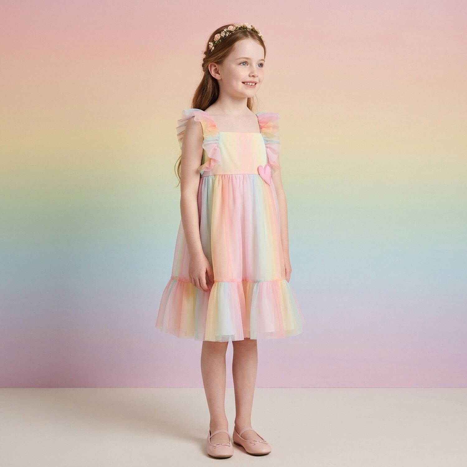 Girls Multi-Coloured Tulle Dress, 1, hi-res