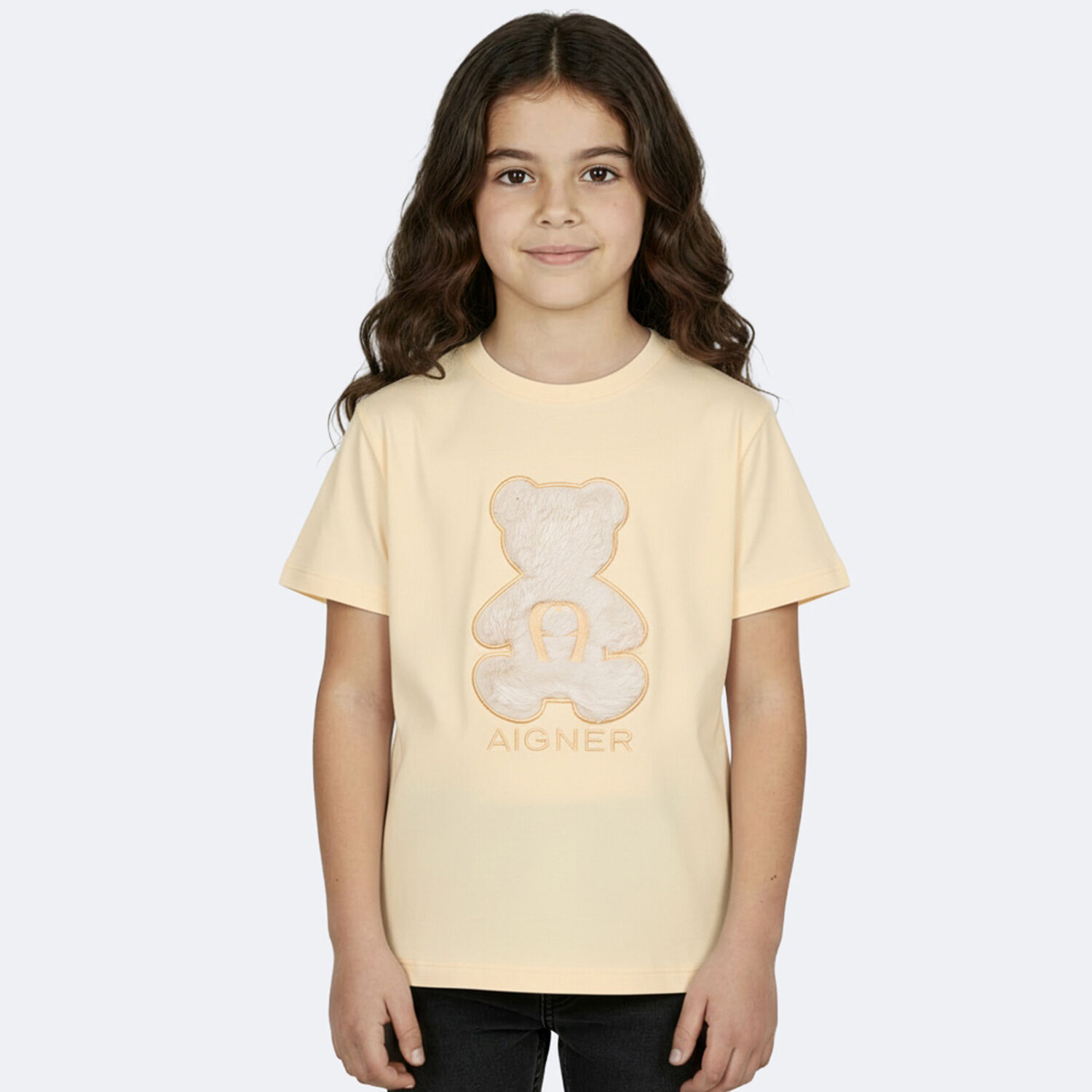 Girls Beige Faux Fur Teddy Bear Logo T-Shirt, 3, hi-res