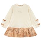 Girls Beige Geo Map Bow Dress, 1, hi-res