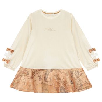 Girls Beige Geo Map Bow Dress