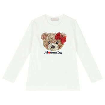 Girls Ivory Teddy Bear Embellished T-Shirt
