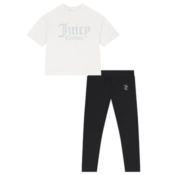 Girls White & Black Crystal Embellished Diamant&eacute; Logo Leggings Set