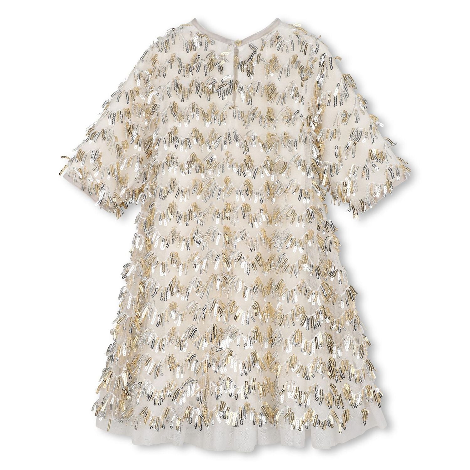Girls Beige Sequin Fringe Mesh Dress, 1, hi-res