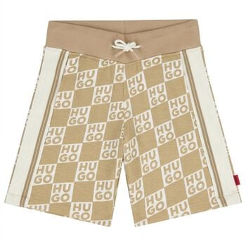 Boys Beige & White Check Logo Shorts