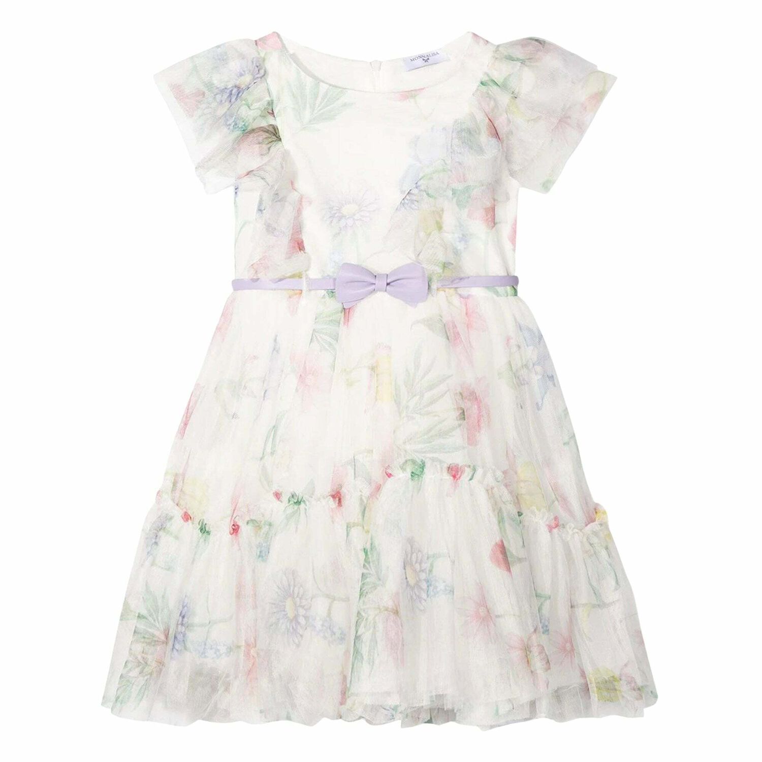 Girls White Printed Tulle Dress, 1, hi-res