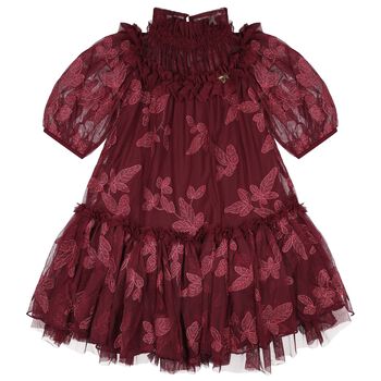 Girls Burgundy Leaf Embroidery Tulle Myrtisa Dress