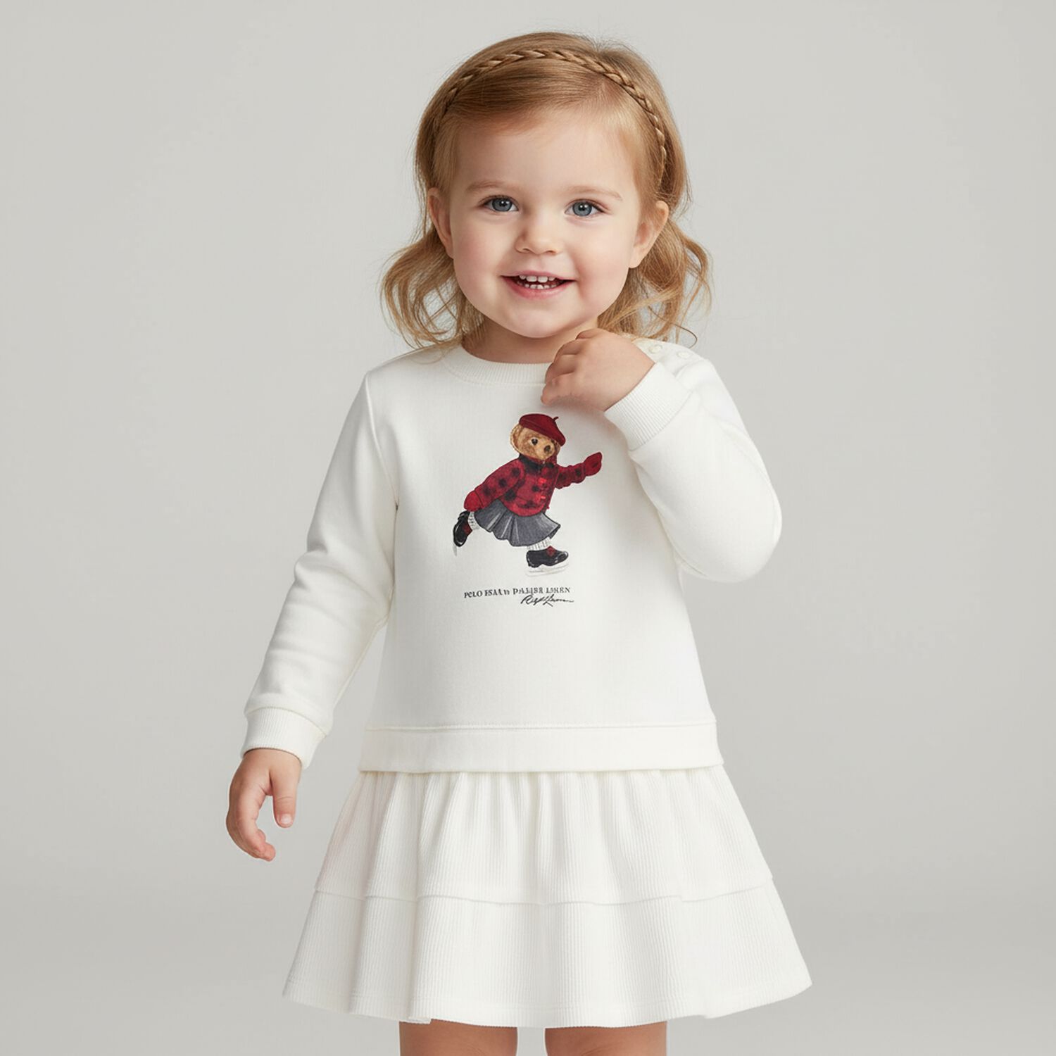 Baby Girls Ivory Polo Bear Sweatshirt Dress Set, 1, hi-res