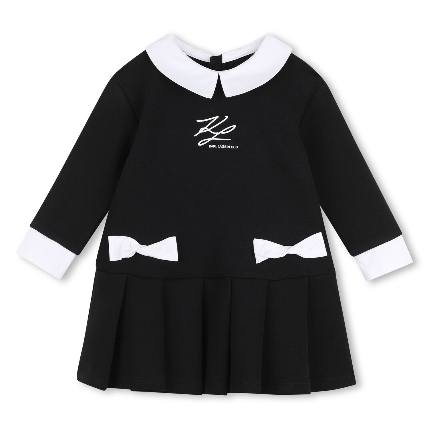 Younger Girls Black & White Logo Pleated Dress, 1, hi-res