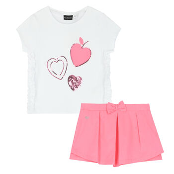 Girls White & Pink Heart Skorts Set