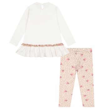 Girls Ivory & Beige Leopard Rose Logo Leggings Set