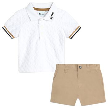 Baby Boys White & Beige Logo Shorts Set