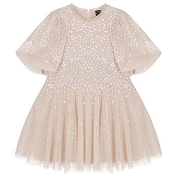 Girls Beige Sequin Tulle Cape Dress 