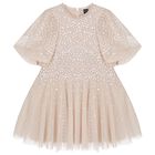 Girls Beige Sequin Tulle Cape Dress , 1, hi-res