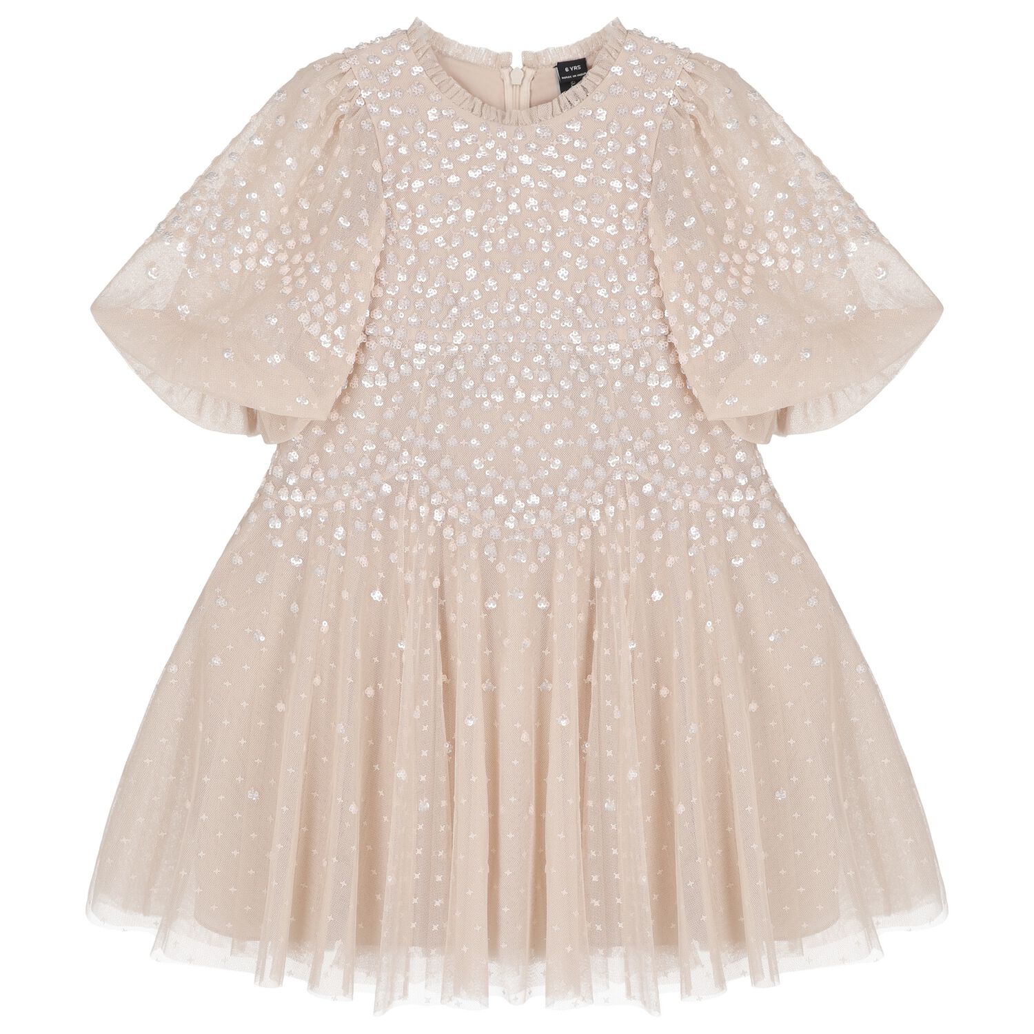 Girls Beige Sequin Tulle Cape Dress , 1, hi-res image number null