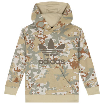 Beige & Green Trefoil Logo Camouflage Hooded Top