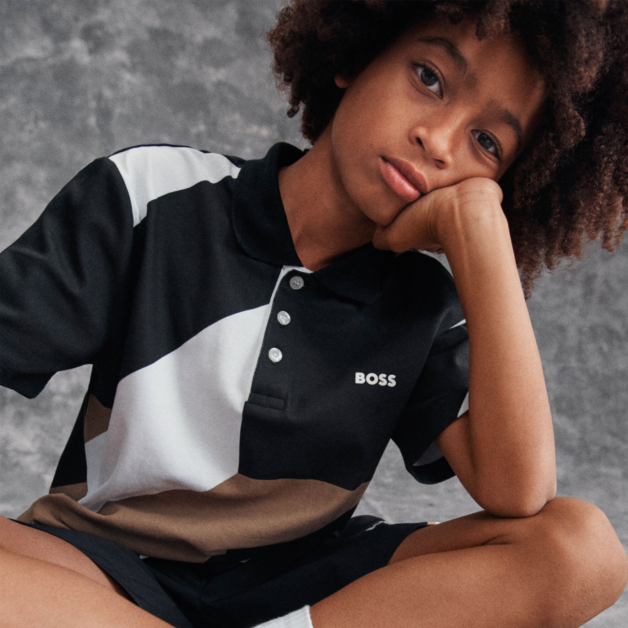 BOSS Boys Black White Beige Logo Polo Shirt Junior Couture
