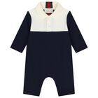 Baby Boys Ivory & Navy Blue Web Striped Romper, 1, hi-res
