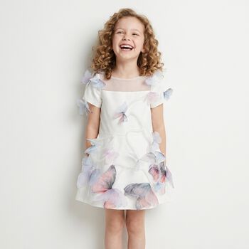 Girls White 3D Butterfly Applique Dress