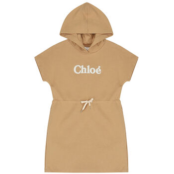 Girls Beige Logo Hooded Dress