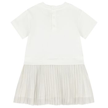 Younger Girls White & Ivory Logo Dress