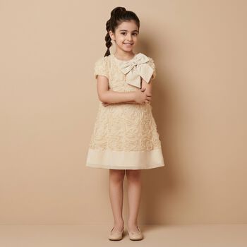 Girls Beige Bow Ruffled Tulle Dress