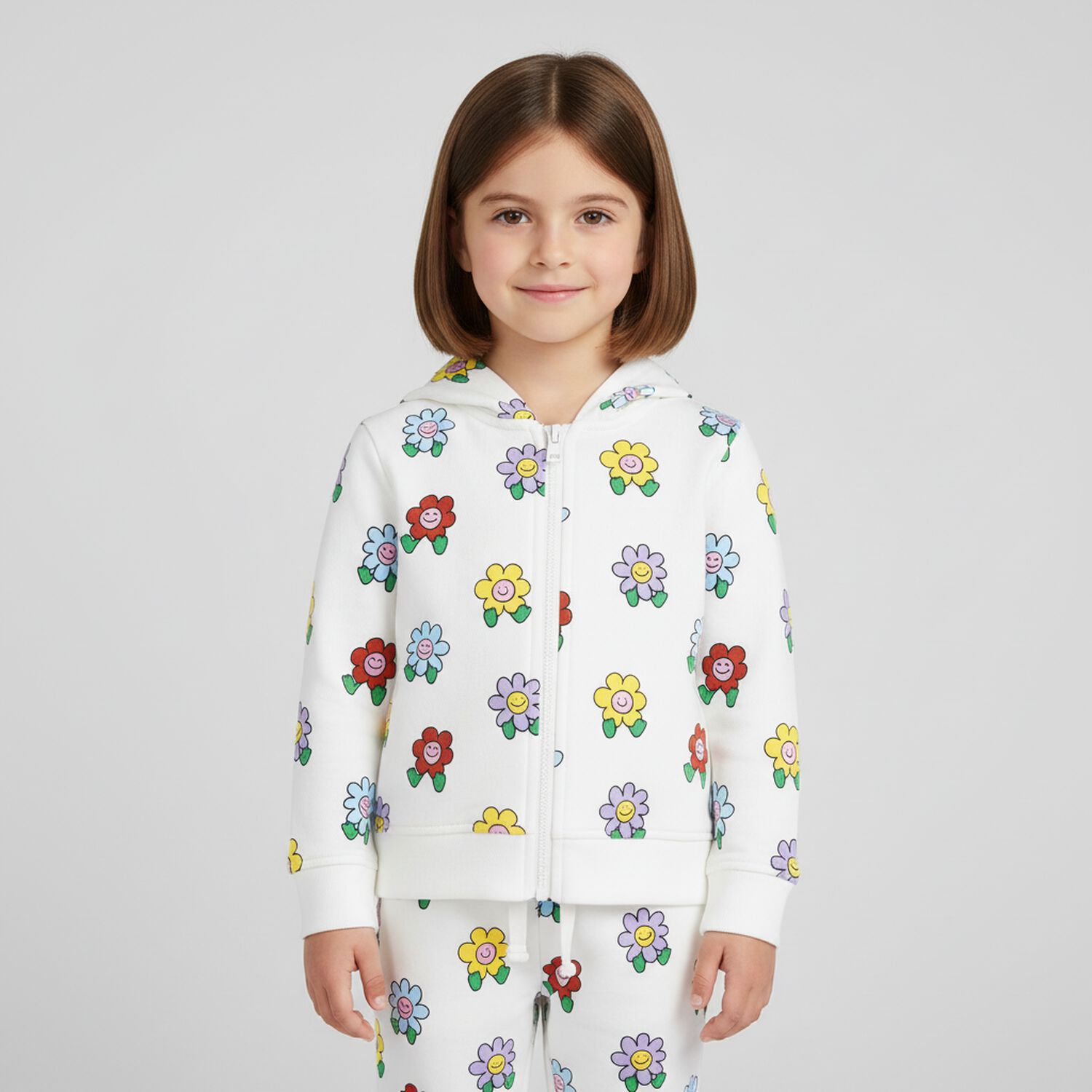 Younger Girls Ivory Flower Hooded Zip Up Top, 1, hi-res