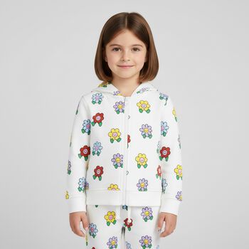 Younger Girls Ivory Flower Hooded Zip Up Top