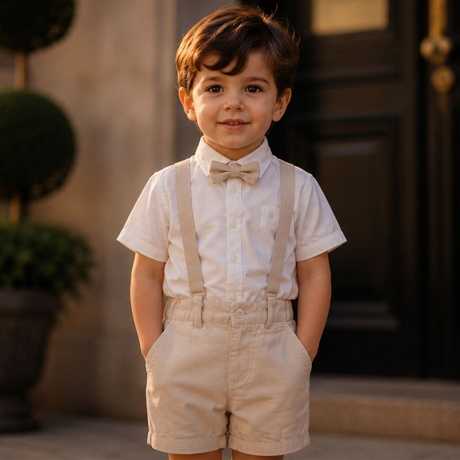 Younger Boys Beige & Ivory Shorts Set, 2, hi-res