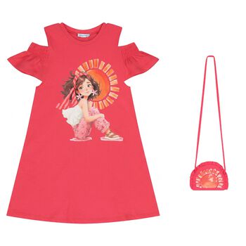 طقم فستان وردي مكشكش للبنات