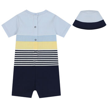 Baby Boys Blue Striped Logo Romper & Hat Set