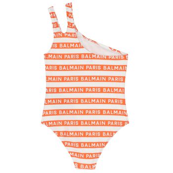 Girls White & Orange Logo Striped Swimsuit