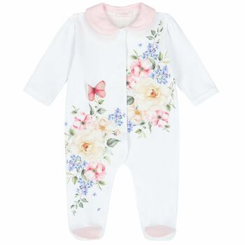 Baby Girls White Printed Babygrow