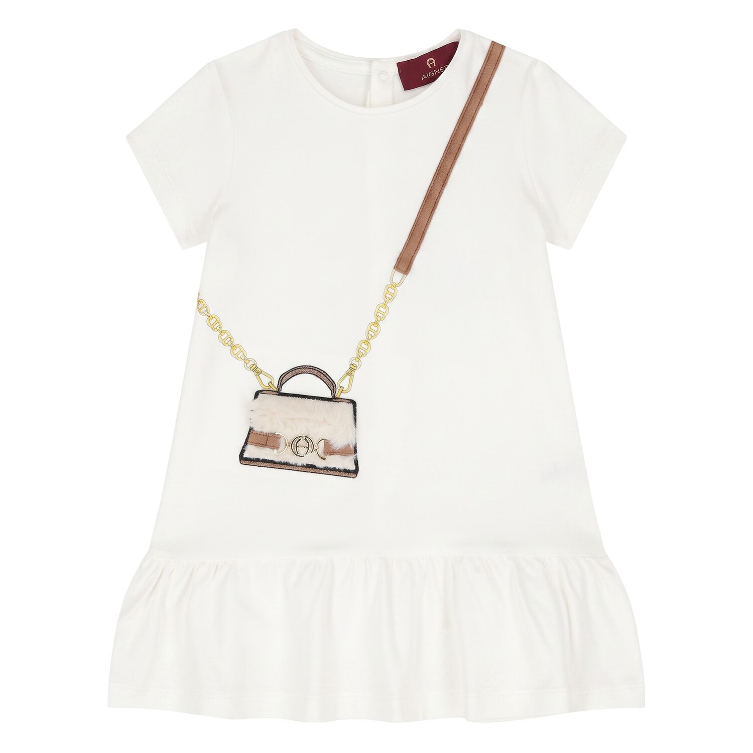 Younger Girls Ivory Faux Fur Bag Logo Dress, 2, hi-res