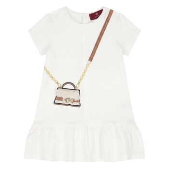 Younger Girls Ivory Faux Fur Bag Logo Dress