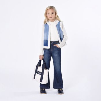 Girls Ivory & Navy Blue Sherpa Fleece Bag