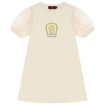 Aigner Girls Beige & Gold Logo Dress, 1 Girls Beige & Gold Logo Dress